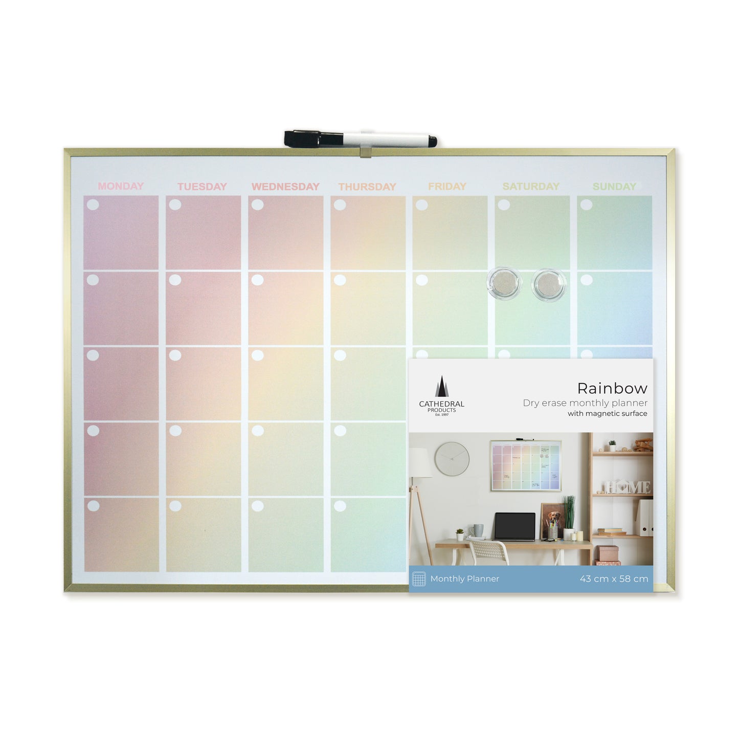 Gold Aluminium Frame Rainbow Magnetic Calendar Board - 43 x 58cm