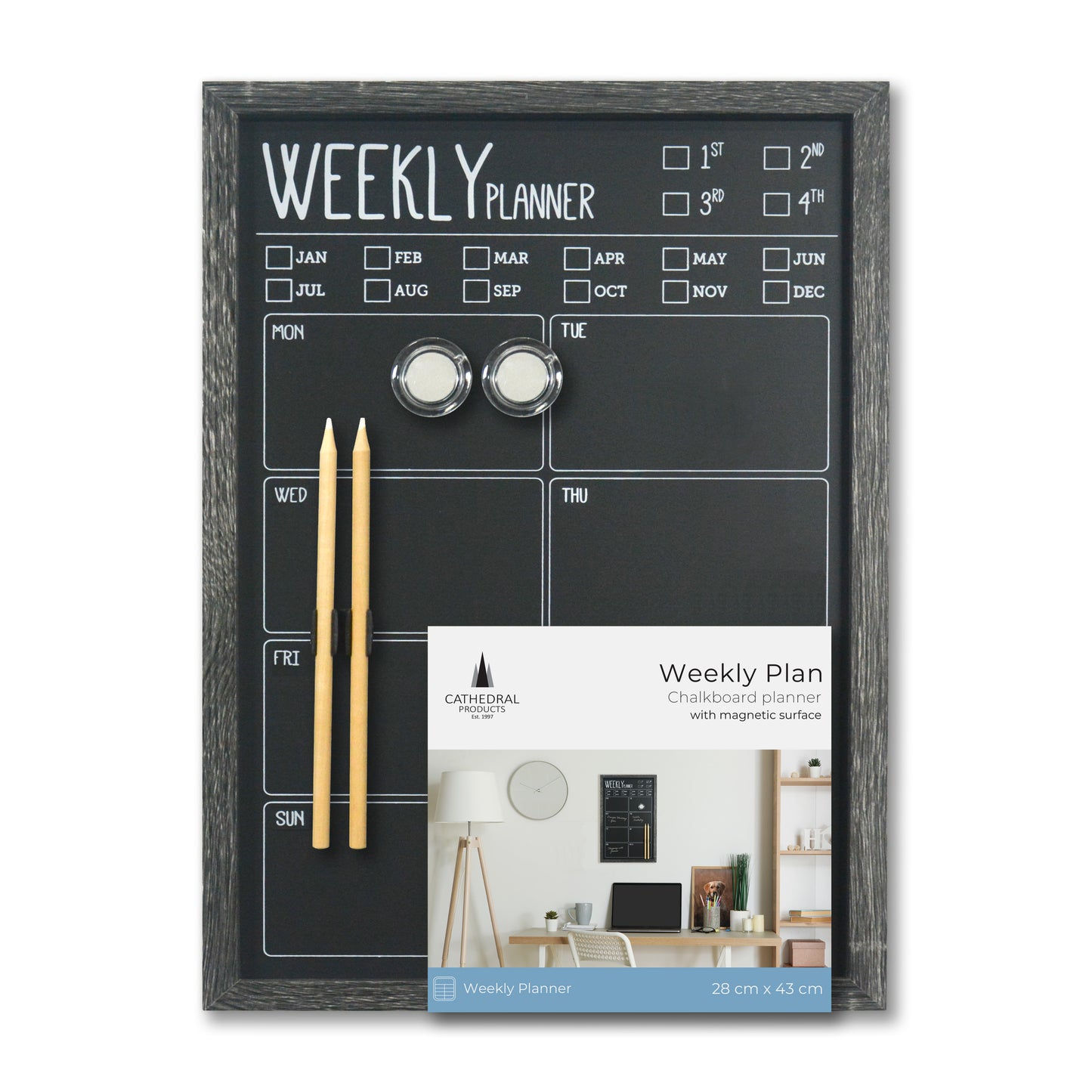 Charcoal Frame Magnetic Weekly Planner Chalk Board - 28 x 43cm