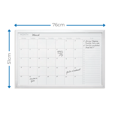 White Frame Magnetic Monthly Planner Dry Erase Board - 51 x 76cm