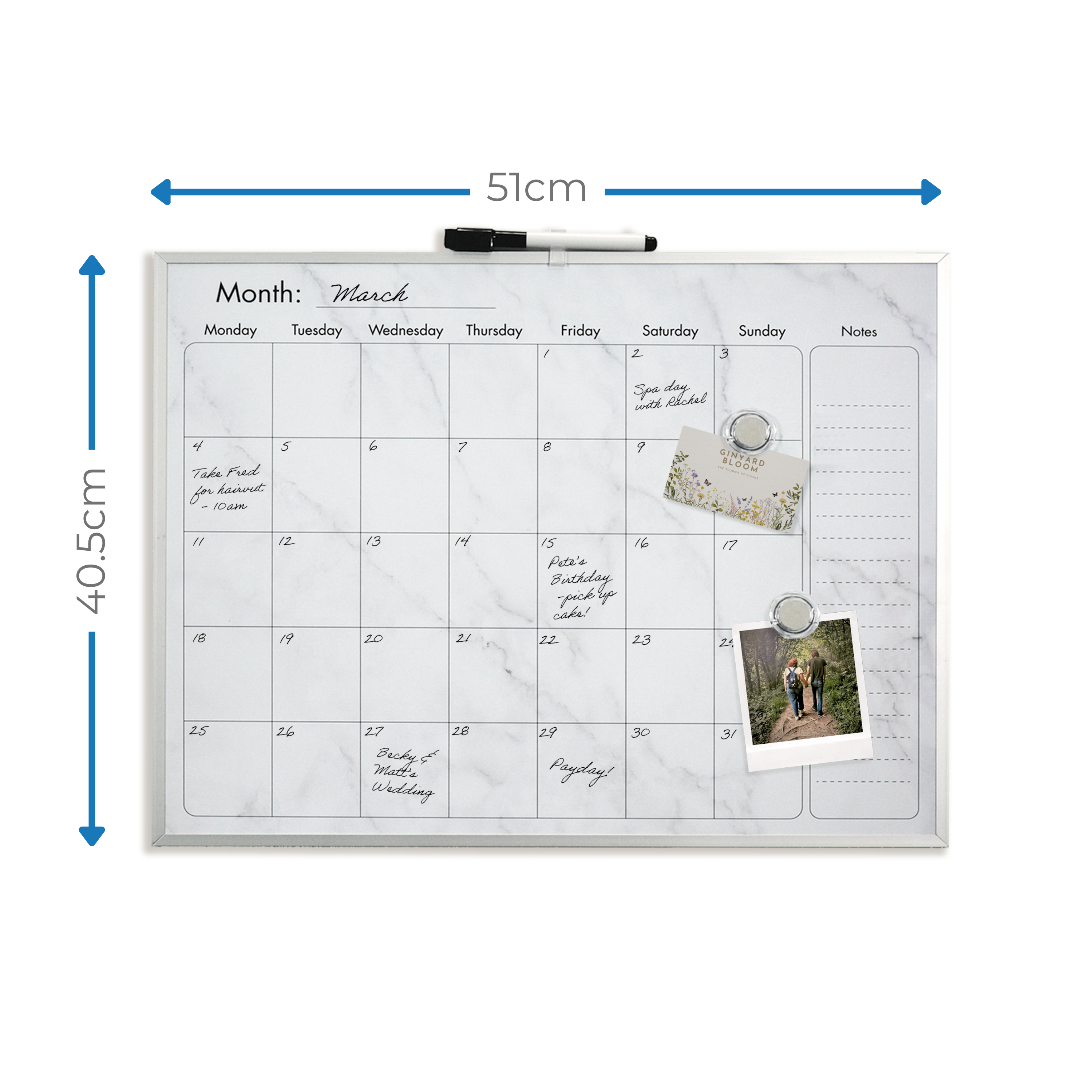 Silver Aluminium Frame Marble Magnetic Calendar Board - 40.5 x 51cm