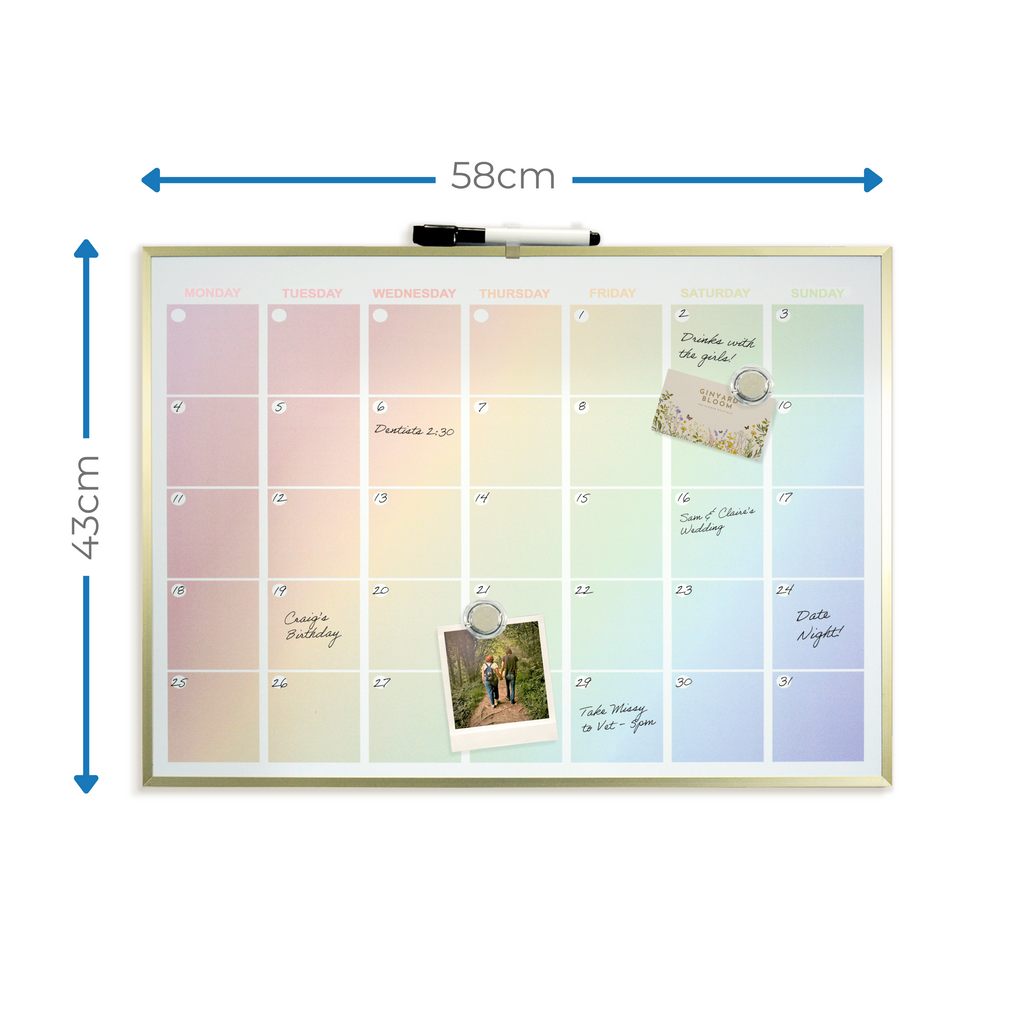 Gold Aluminium Frame Rainbow Magnetic Calendar Board - 43 x 58cm