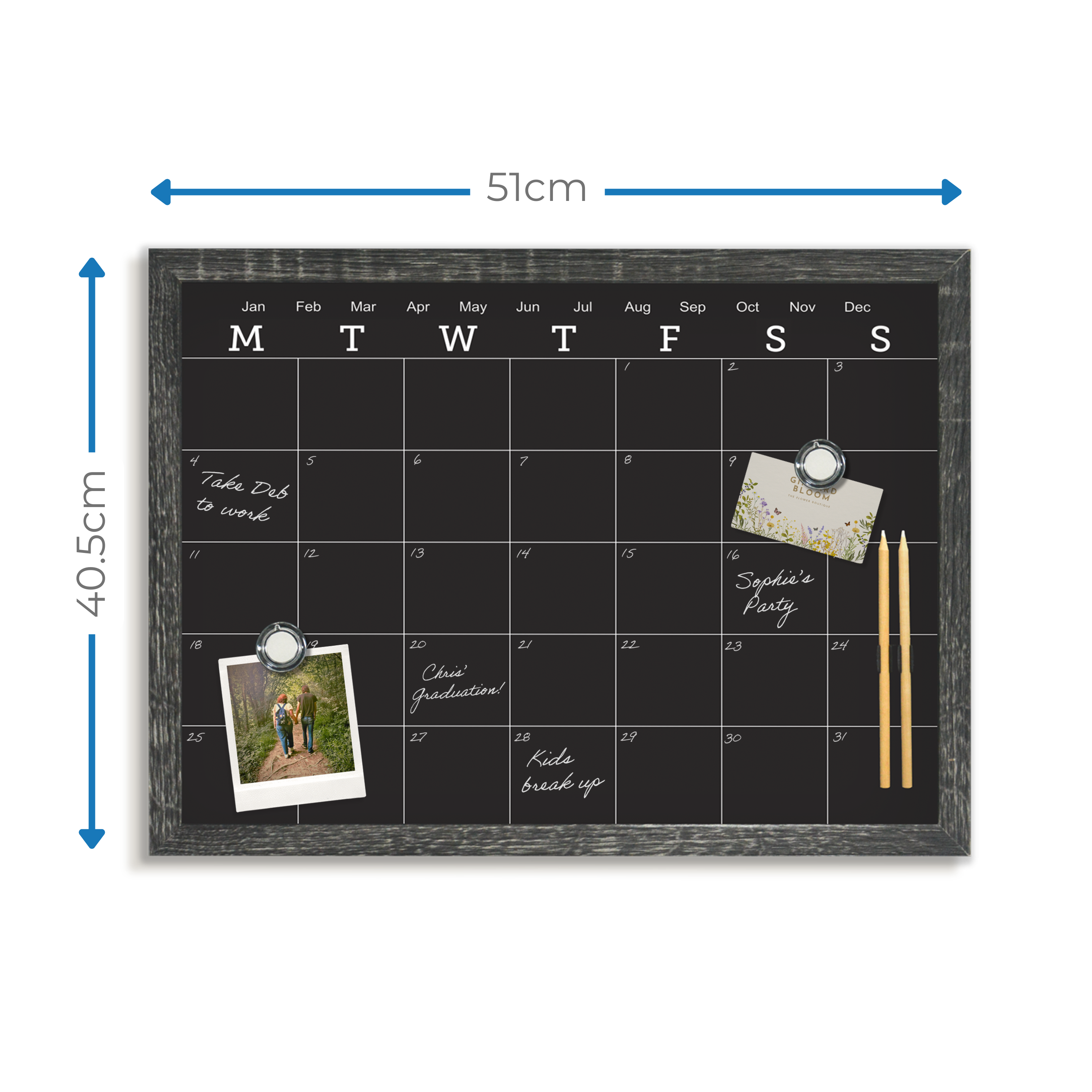 Charcoal Frame Magnetic Calendar Chalk Board - 40.6 x 50.8cm