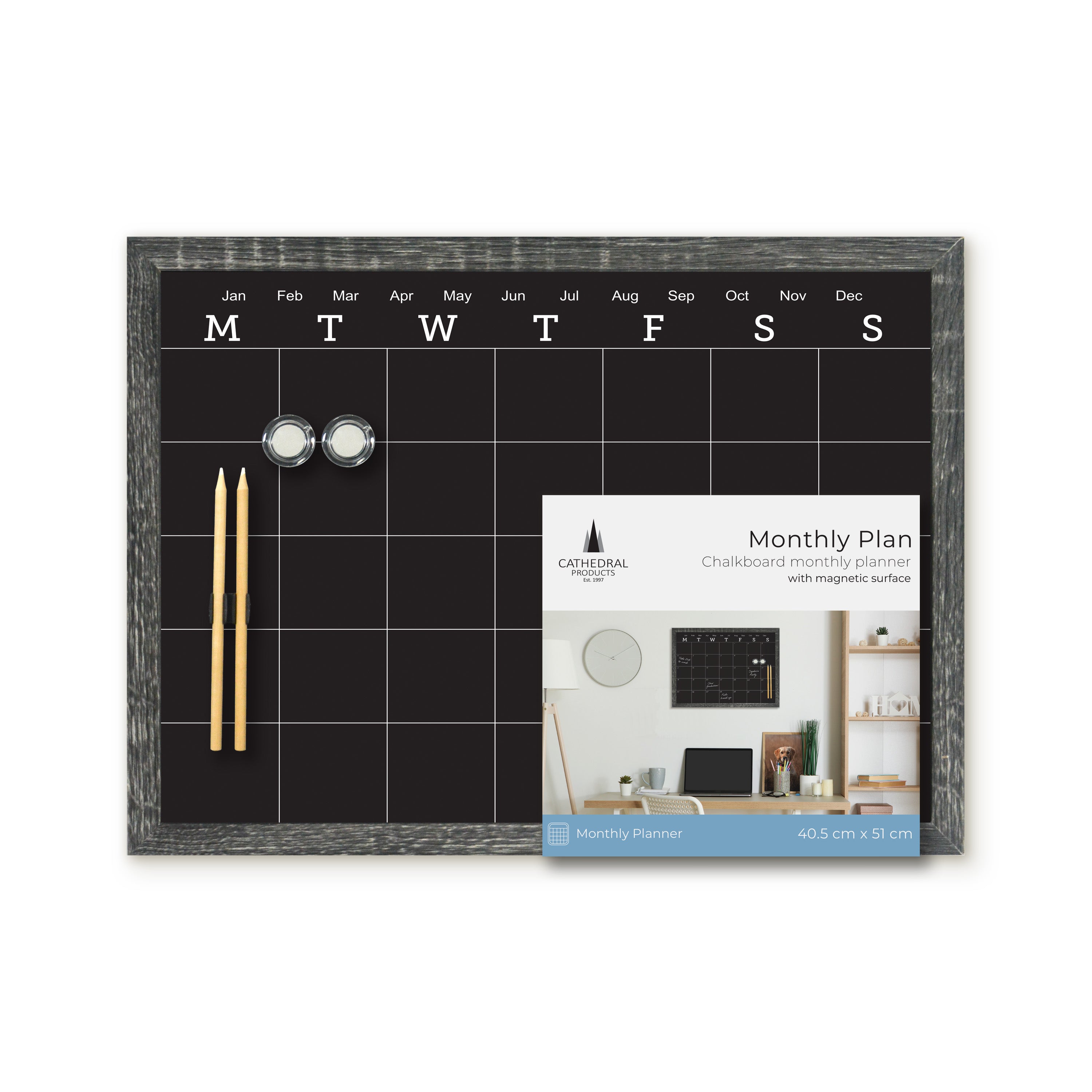 Charcoal Frame Magnetic Calendar Chalk Board - 40.6 x 50.8cm
