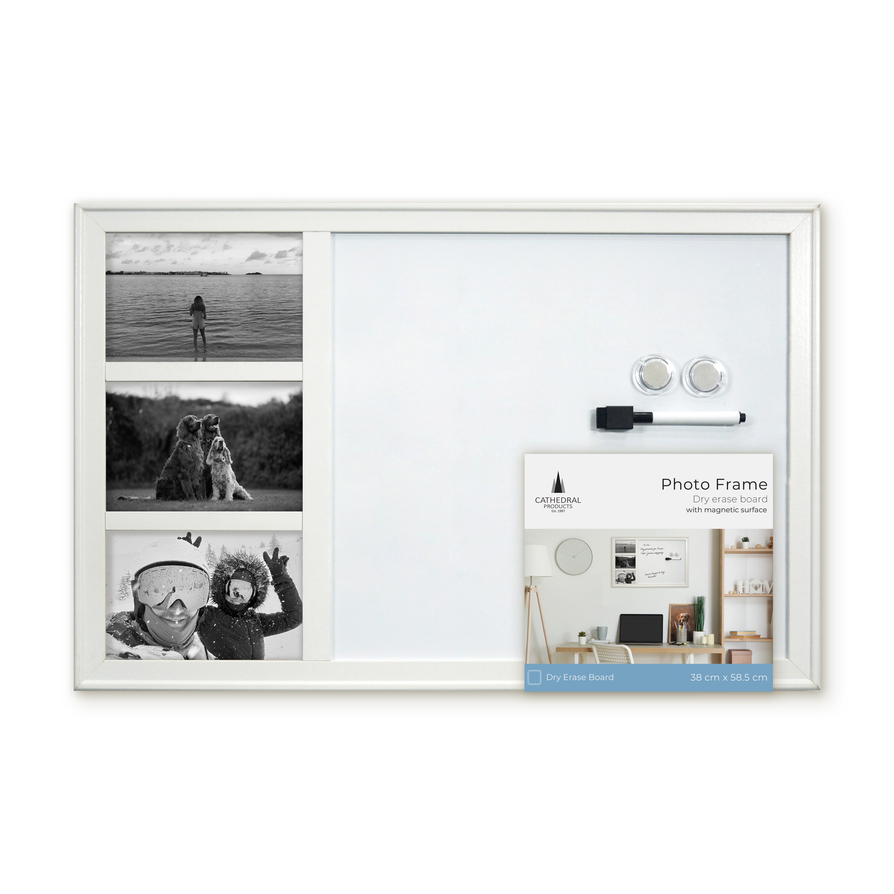 White Photo Frame Magnetic Dry Erase Board - 38 x 58.5cm